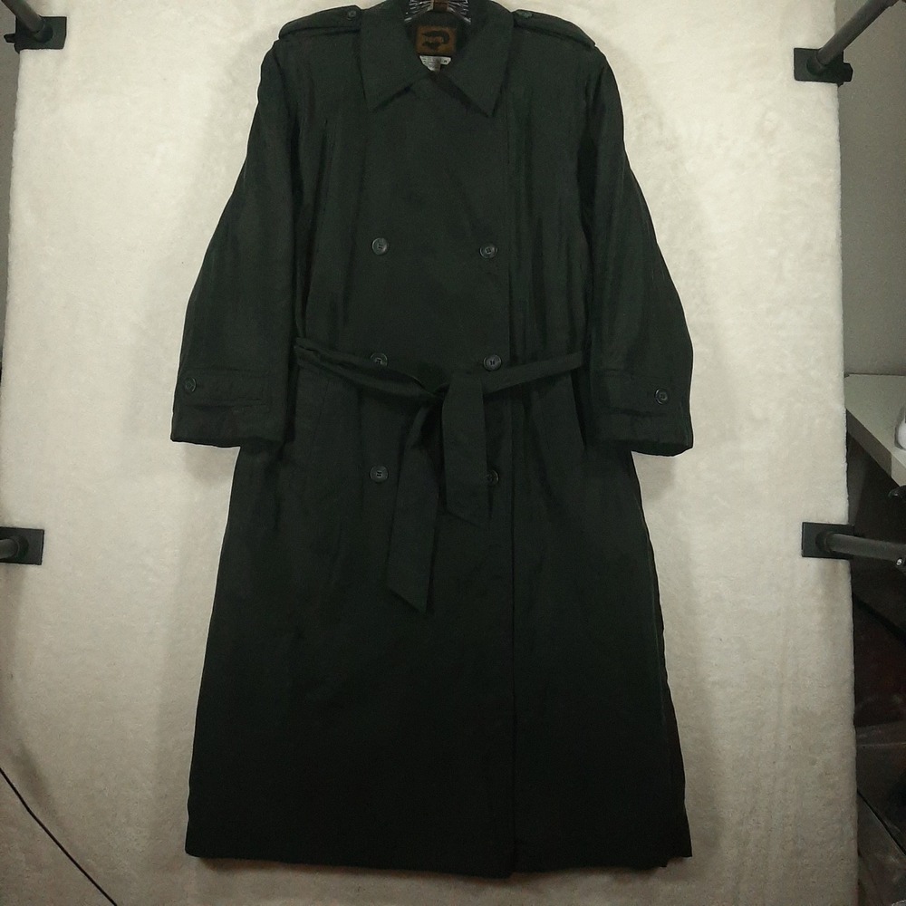 Vintage 80's 90's Silk Double Breasted Trench Coat Black Belted Quilted Lining